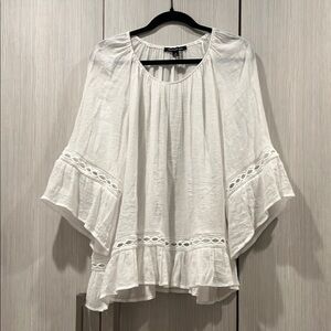 White Zac & Rachel Gauze Peasant Blouse Crochet Bell Sleeves‎ Ruffle Hem 1X